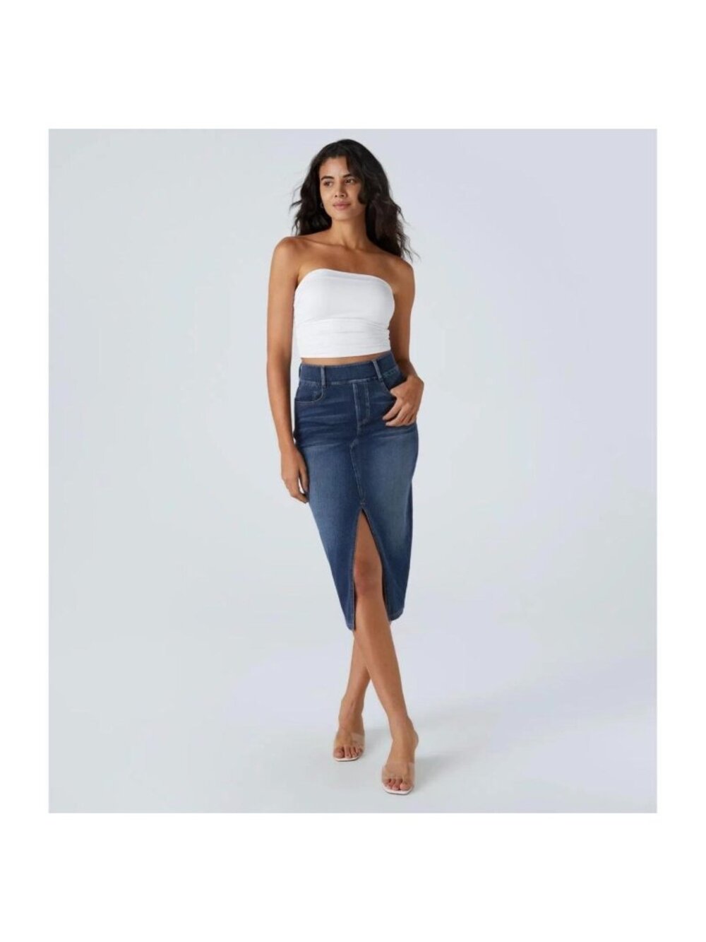 NWT Halara Flex Sz S High Waisted Tummy Control Denim Midi Skirt With Pockets Si